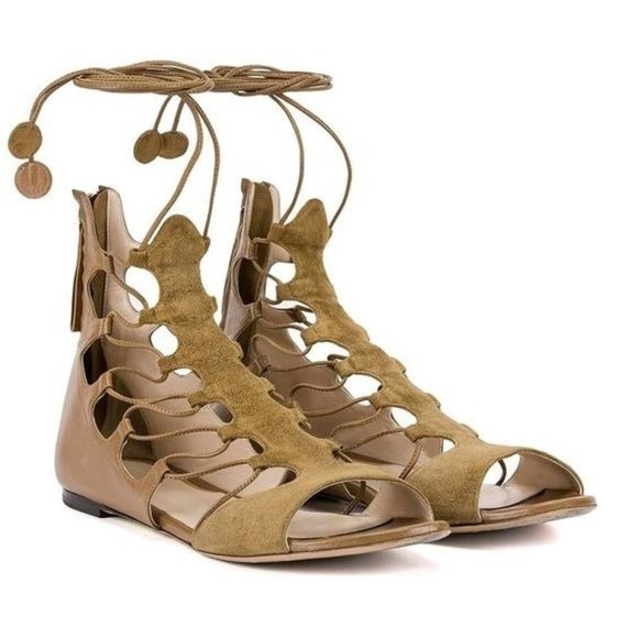 Etro Suede & Leather Tan Taupe Gladiator Lace Up Sandals Flats 37 / 7 - Picture 1 of 8